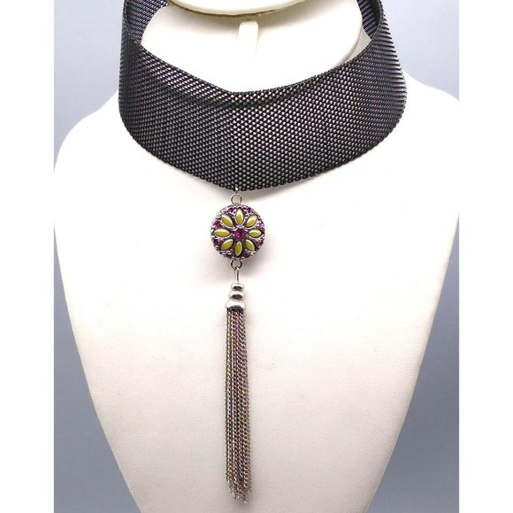Black Mesh Choker Necklace with Ginger Snaps Silver Tone Tassel Pendant and 3 - Picture 1 of 6